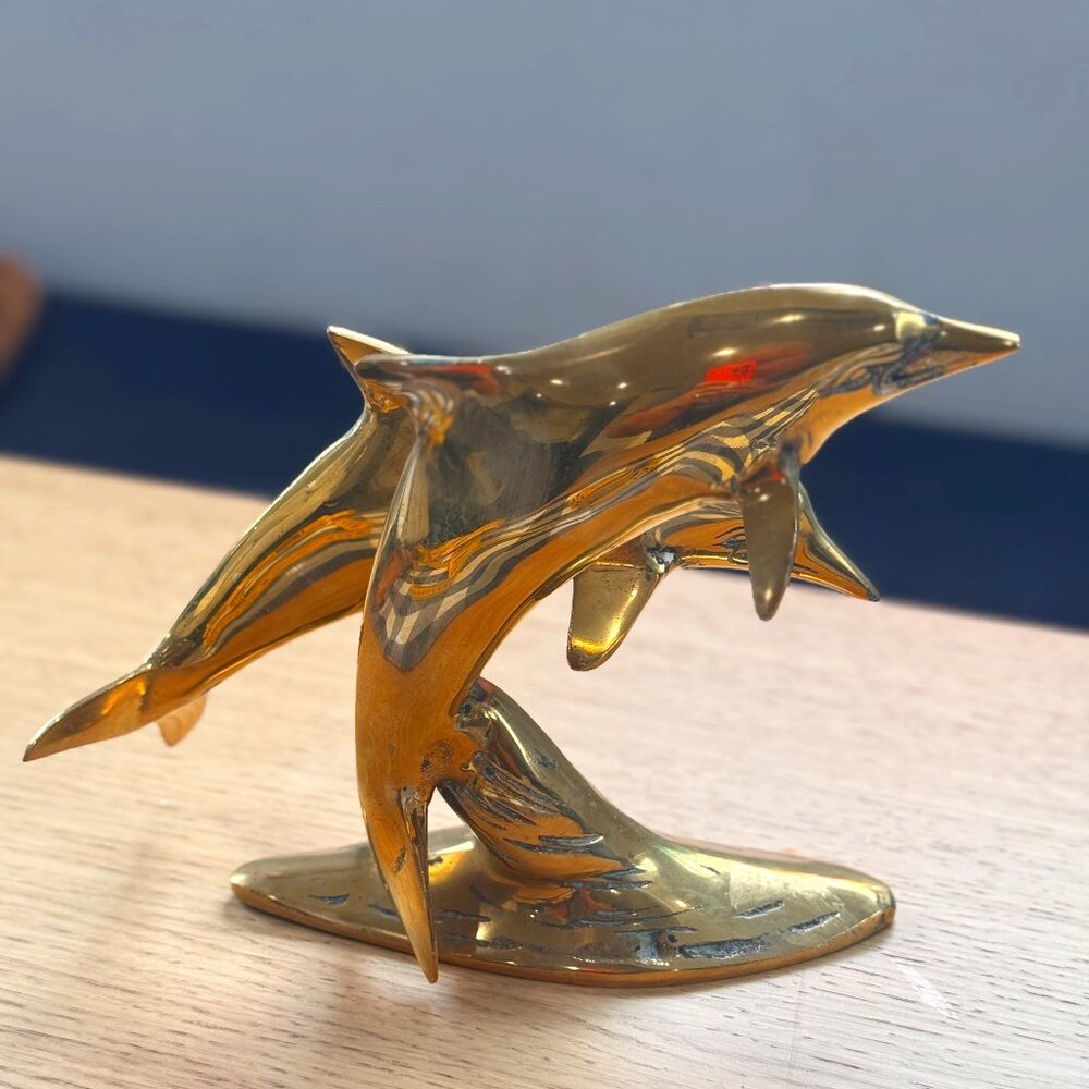 11×9 Vintage Solid brass Pair Of Jumping Dolphins Statue made in India